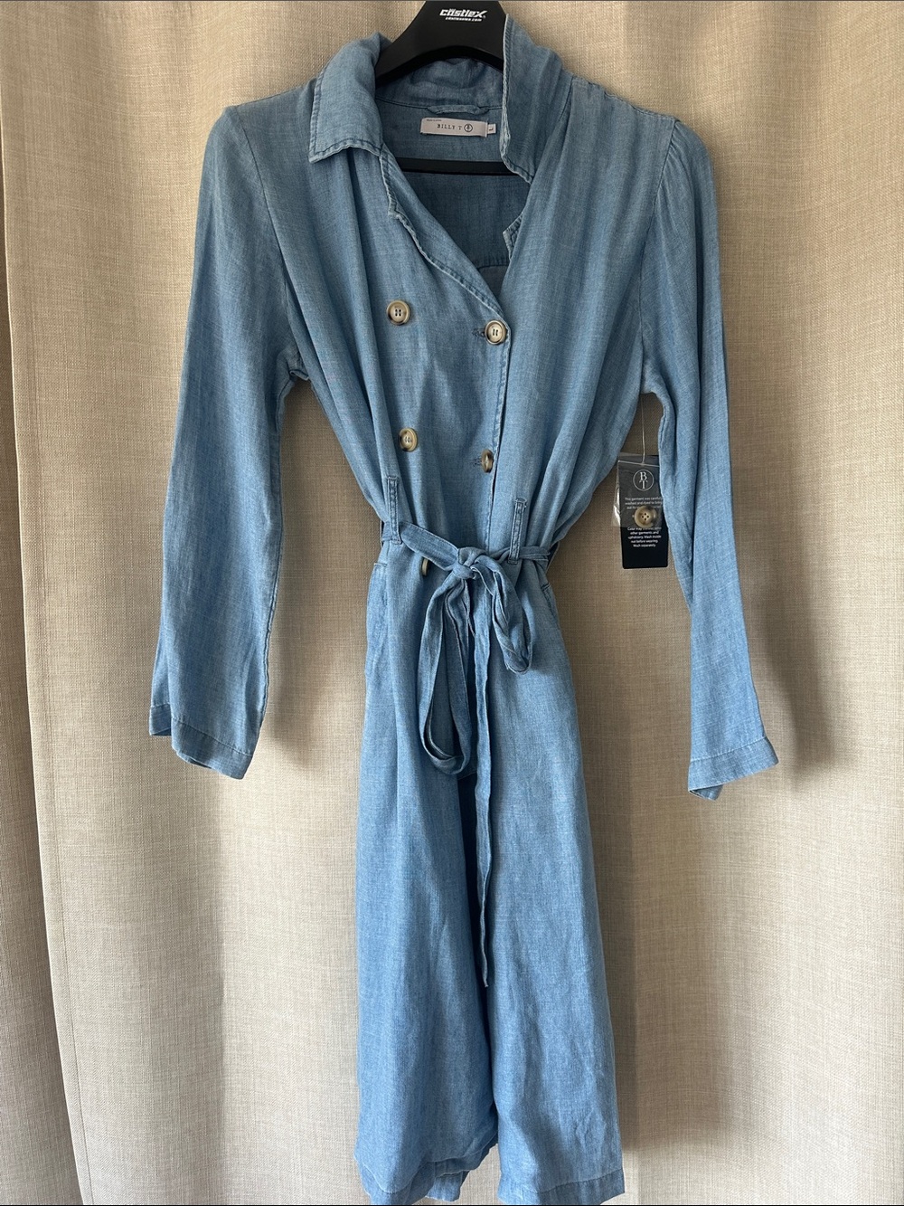 Billy T Light Blue Denim Chambray Trench Coat Sz L NWT